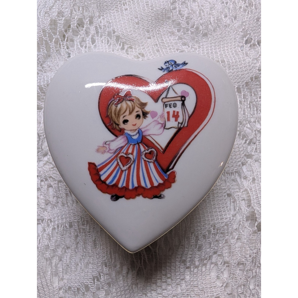 Vintage Lefton Japan February 14 Valentine's Day Trinket Heart Box China 8105